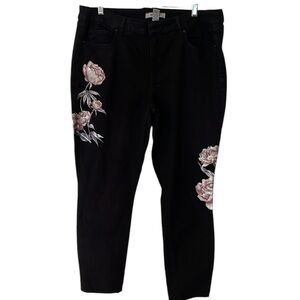 Refuge size 12 black high waist straight leg jeans with pink floral detail
